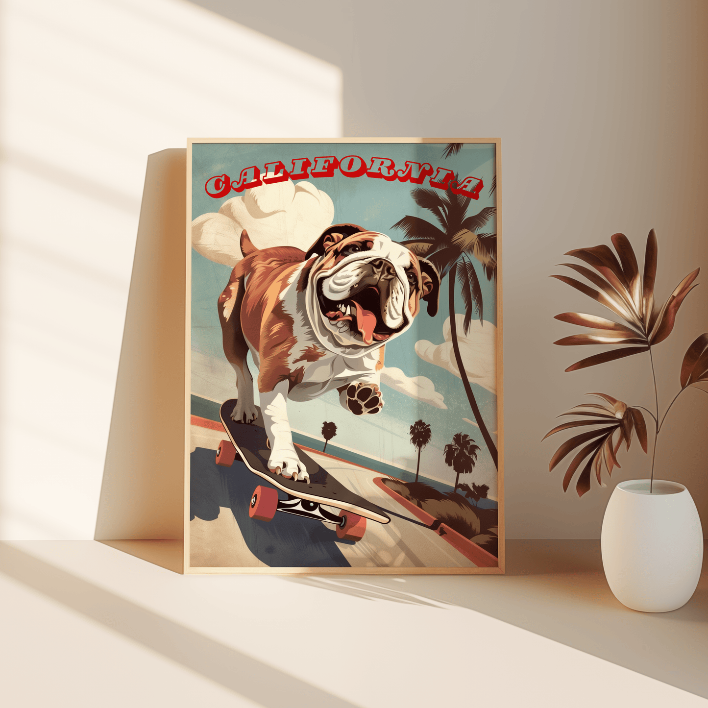 Paw Prints Vintage California travel poster of a bulldog on a skateboard in Venice Beach, leaning against the bedroom floor. 