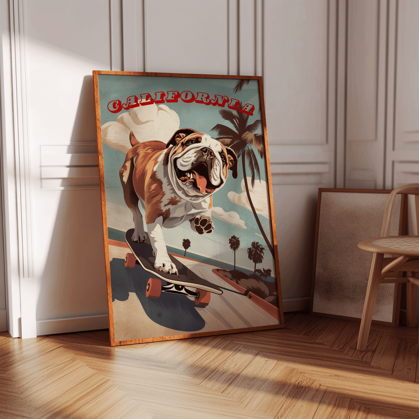 Vintage California travel poster of a bulldog on a skateboard in Venice Beach, in a Victorian hallway in view of sunlight.