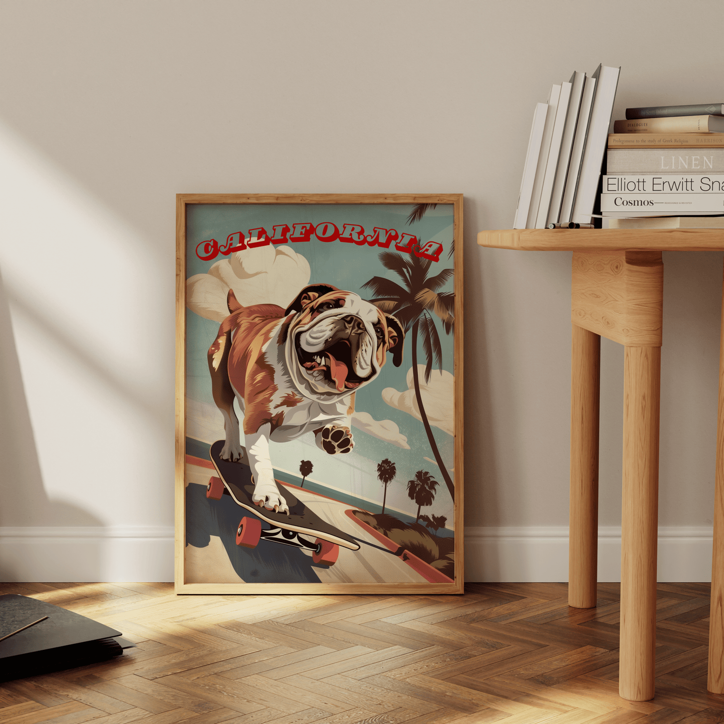 Paw Prints Vintage California travel poster of a bulldog on a skateboard in Venice Beach, leaning against the office floor. 