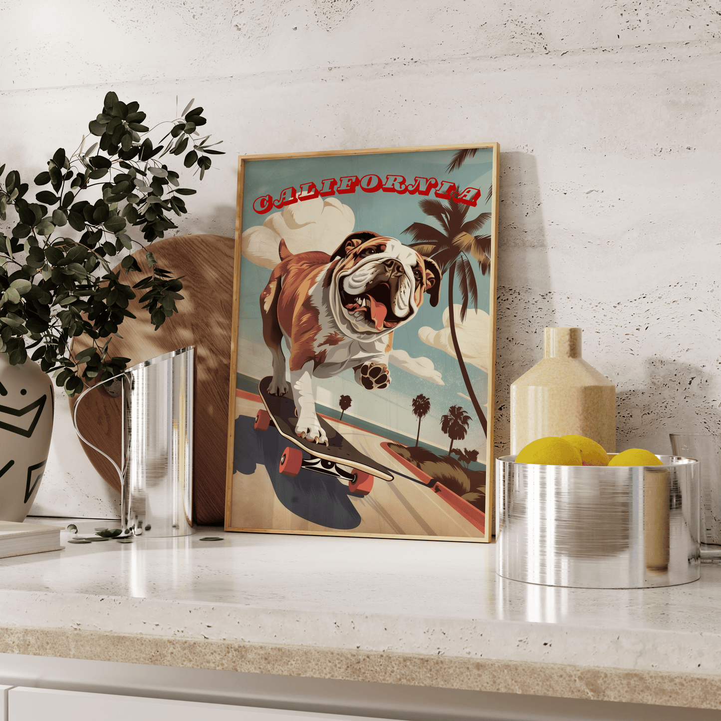 Vintage California travel poster of a bulldog on a skateboard in Venice Beach, leaning against the kitchen counter. 