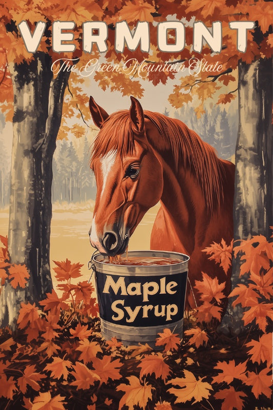 "Vermont", a vintage travel poster, featuring a Morgan Horse drinking maple syrup out of a bucket in the fall forests of Vermont