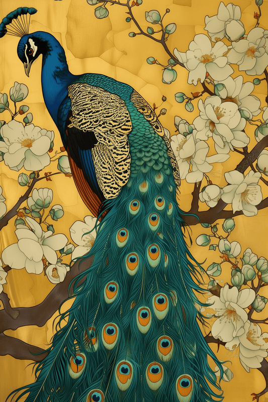 Chinese painting of a peacock perched on the branches of white magnolia blossoms - Paw Prints