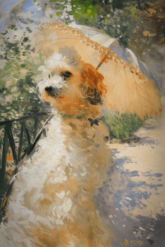 Impressionist painting of a Victorian dog holding an umbrella - Paw Prints 