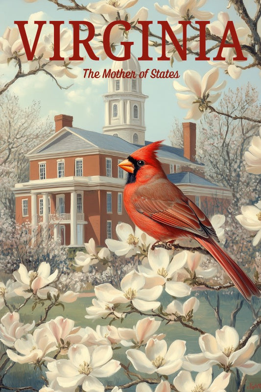 a vintage travel poster, featuring a Virginia Northern Cardinal perched on a tree of dogwood and magnolia flowers