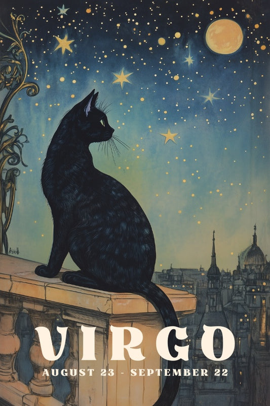 "Virgo", a vintage astrology poster, featuring a black cag sitting on a roof top looking at the night sky