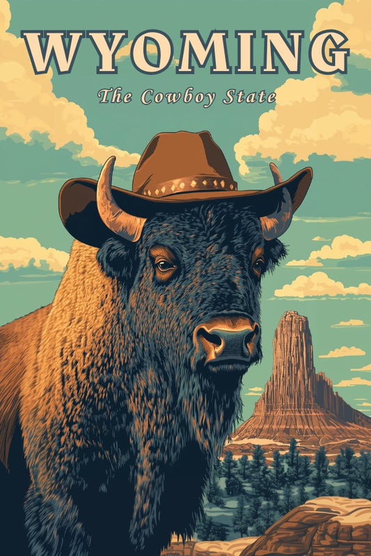 "Wyoming", a vintage travel poster, featuring a bison standing in front of the Devils Tower