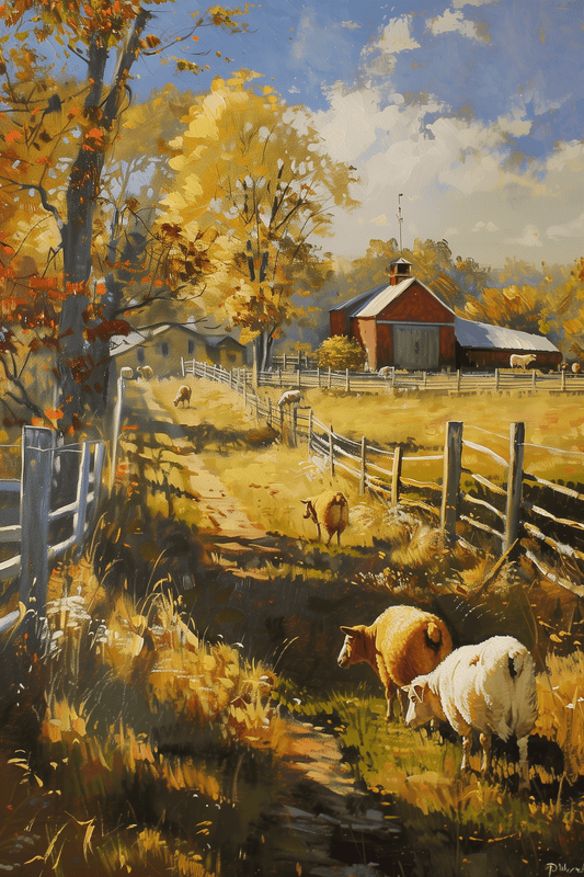 Painting of sheep in an autumn barnyard, detailed brushwork in a rustic American style - Paw Prints 