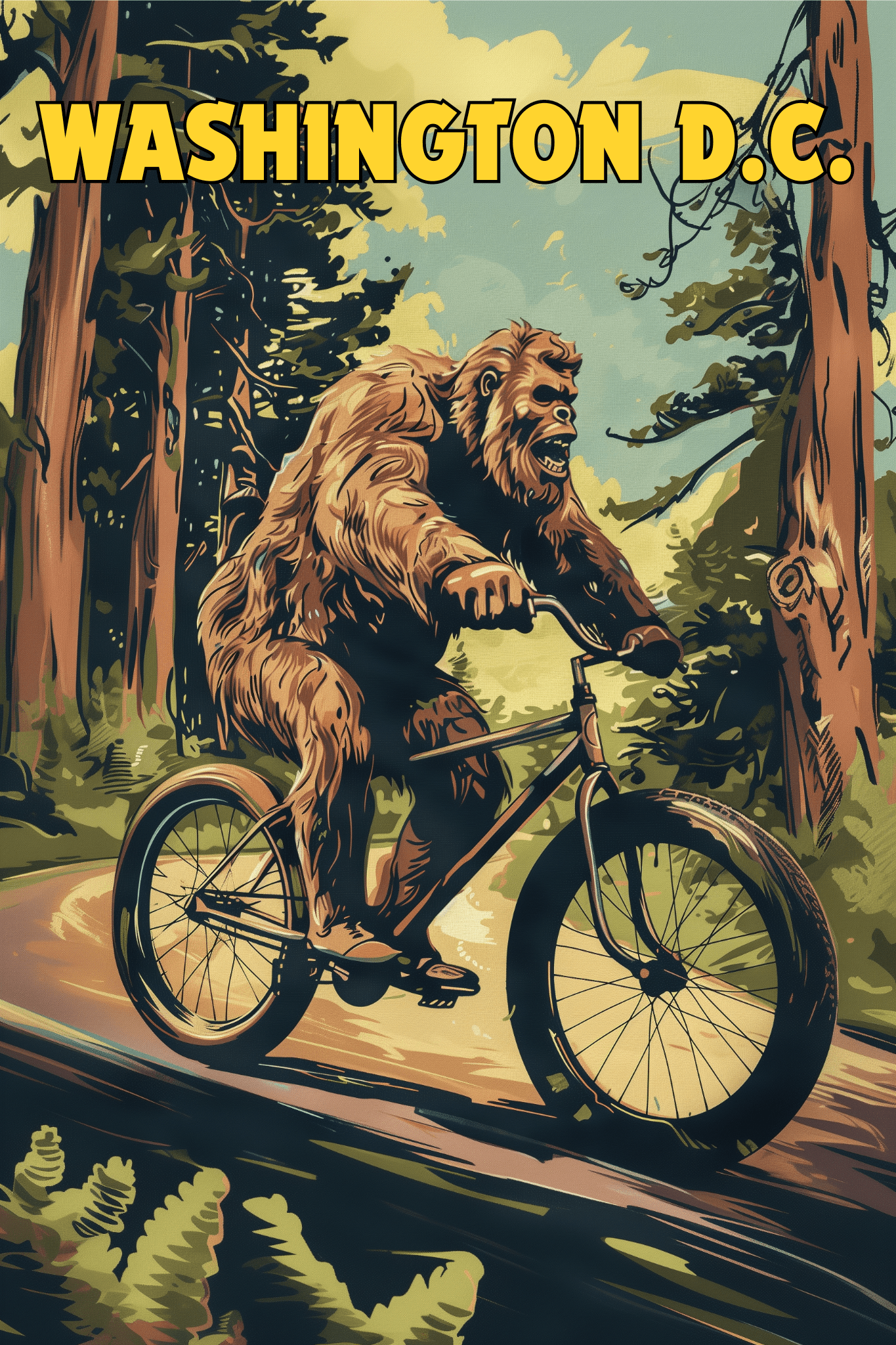 Travel Poster of a Bigfoot riding a bicycle through the forest, titled "Washington DC" - Paw Prints