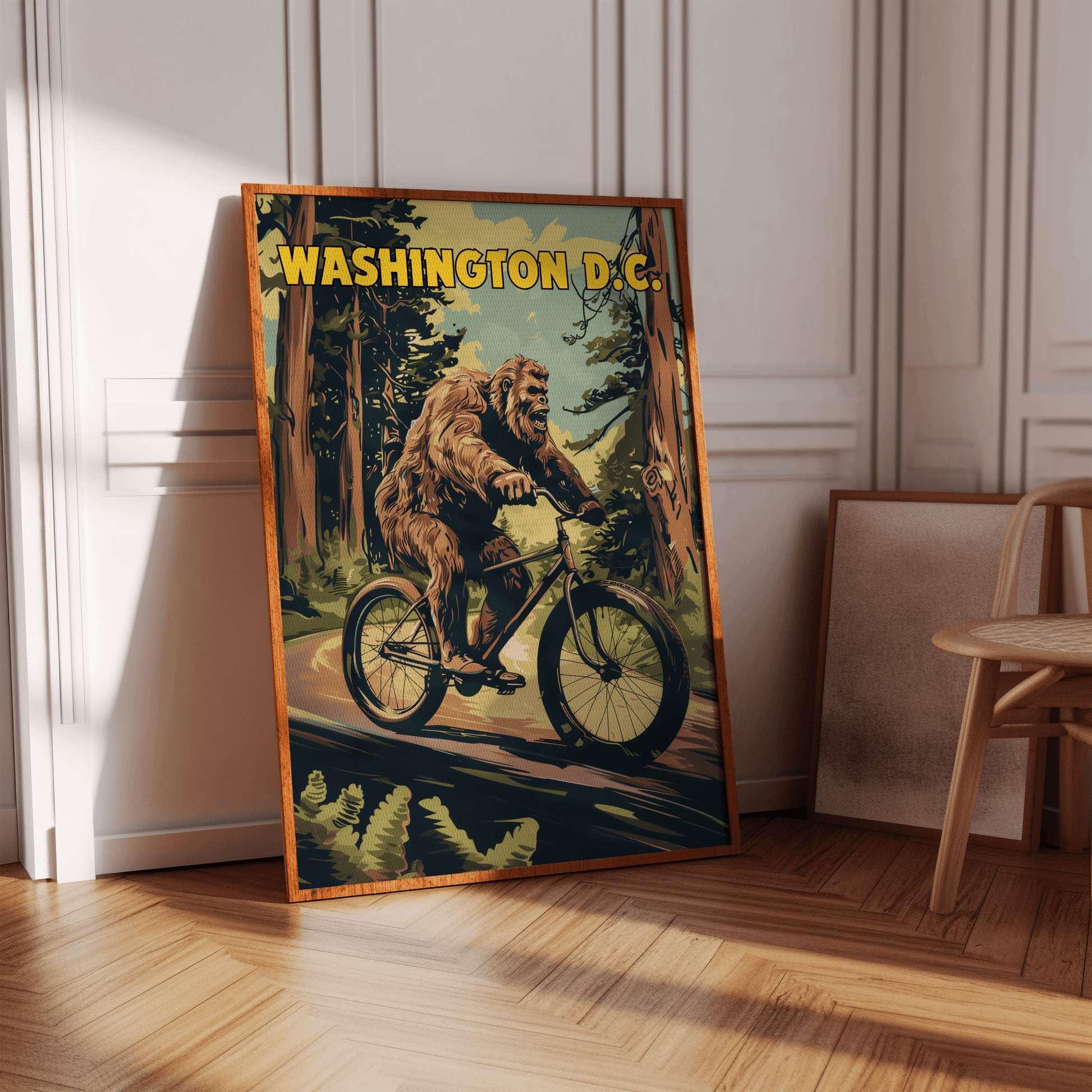 Travel Poster of a Bigfoot riding a bicycle through the forest, titled "Washington DC", in a hallway - Paw Prints