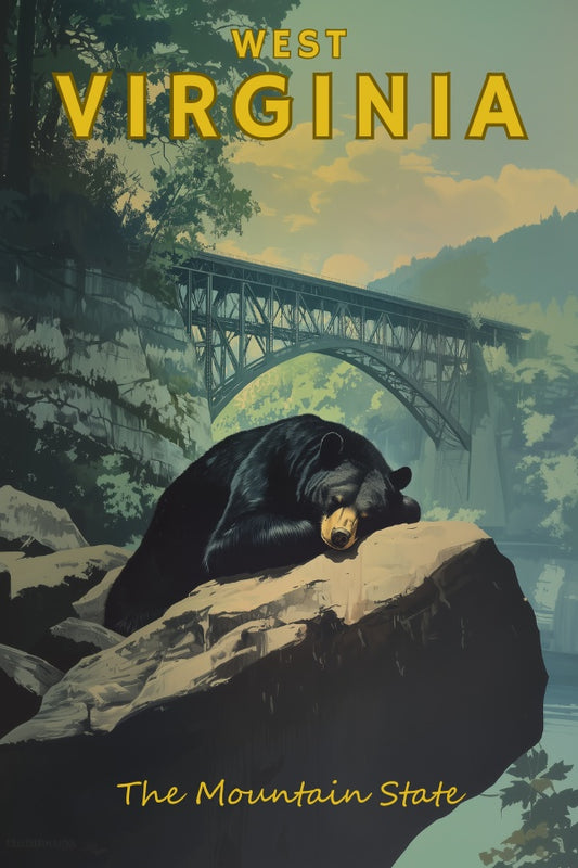 "West Virginia", a vintage travel poster, featuring a black bear taking a nap underneath the new river gorge national park bridge