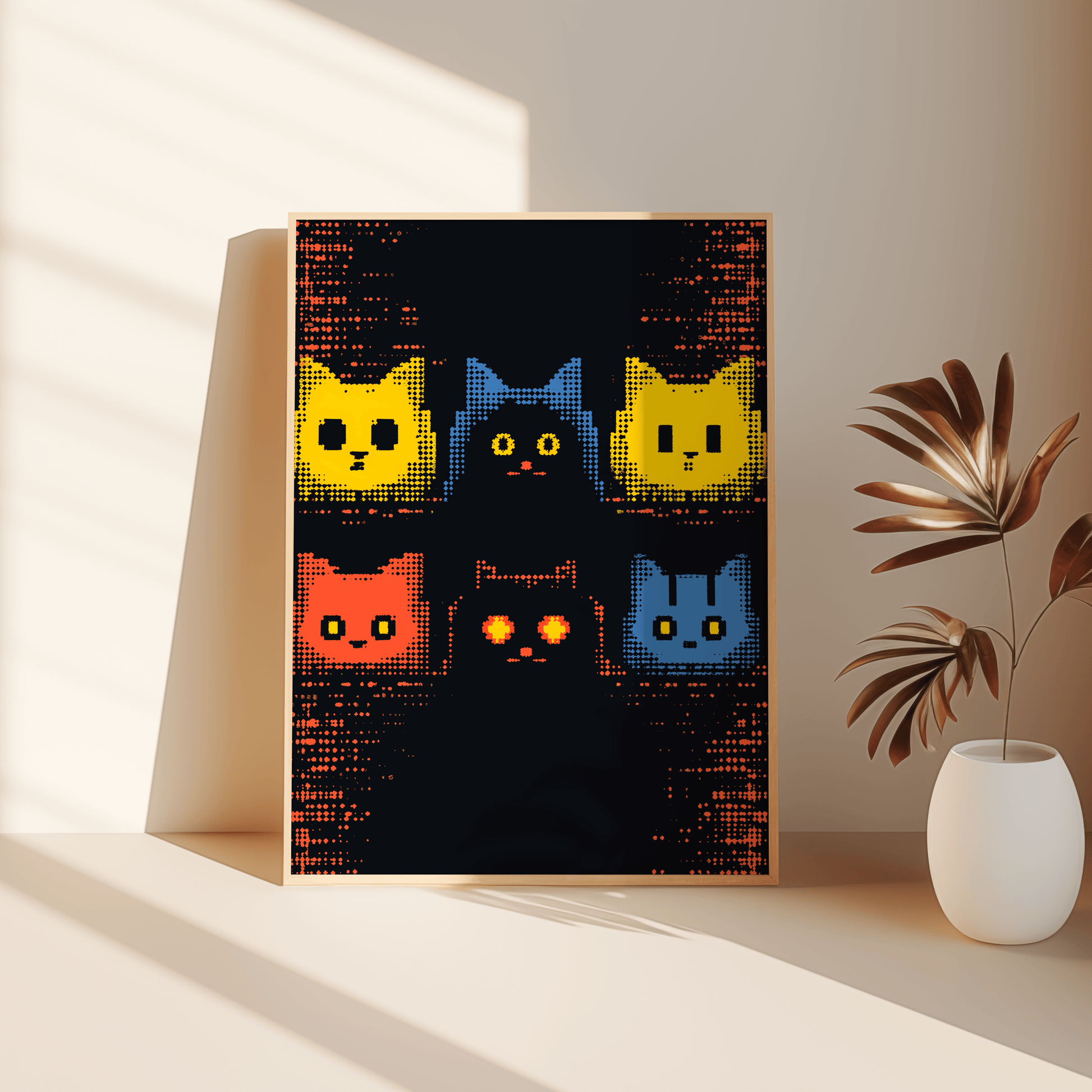 Retro 8-bit pixel art of 6 cats in the style of 1990s video games, leaning against the bedroom floor - Paw Prints