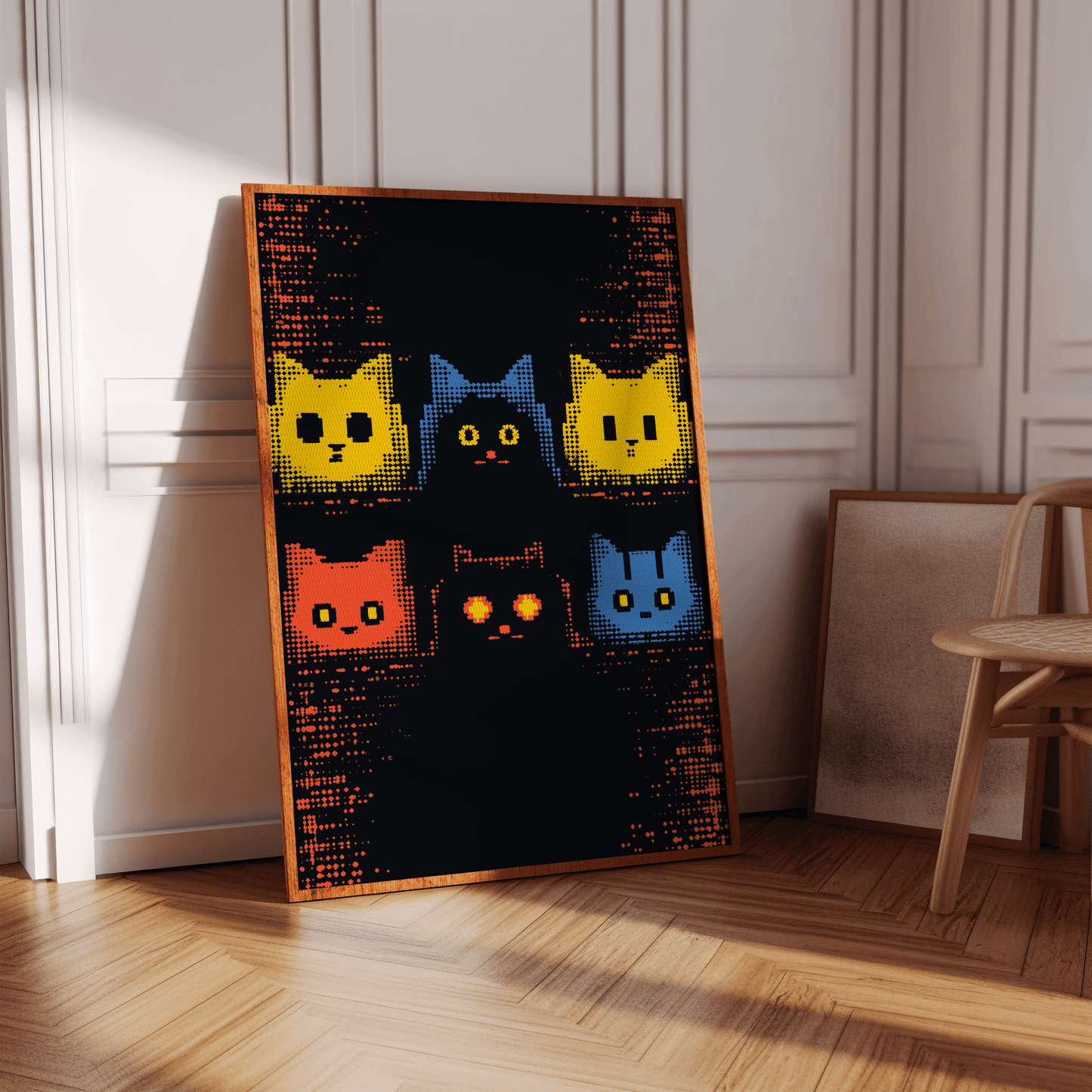 Retro 8-bit pixel art of 6 cats in the style of 1990s video games, in a hallway - Paw Prints