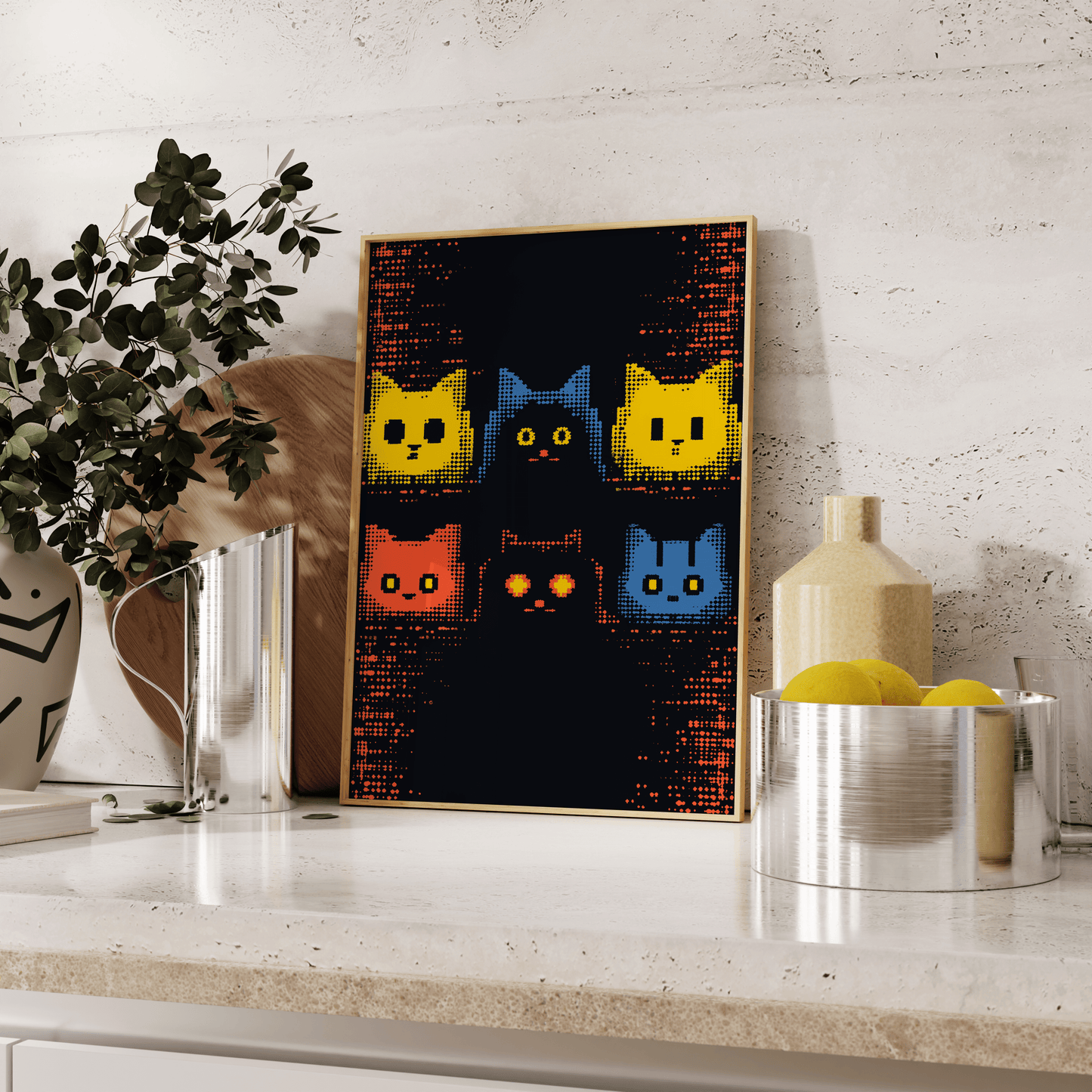 Retro 8-bit pixel art of 6 cats in the style of 1990s video games, leaning against the kitchen counter - Paw Prints