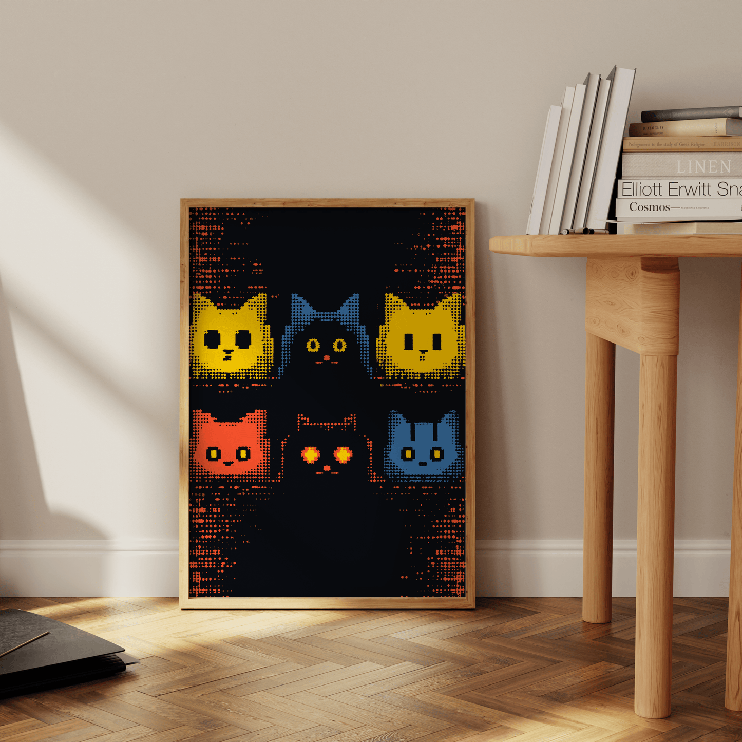 Retro 8-bit pixel art of 6 cats in the style of 1990s video games, leaning against the office wall - Paw Prints