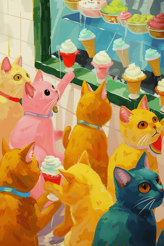 Retro painting of various colored cats window shopping for ice cream, on a blank wall - Paw Prints 