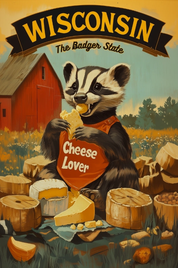 "Wisconsin", a vintage travel poster, featuring an American badger eating cheese in front of a red barn