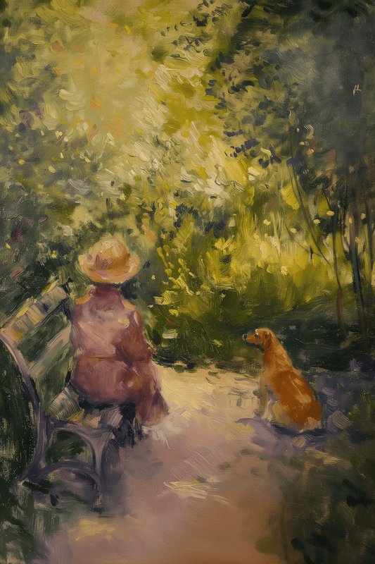 Impressionist painting of a woman and a dog, the dog is looking at the women with love and loyalty - Paw Prints 