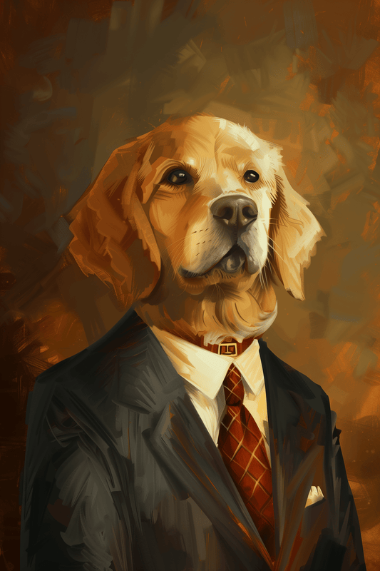 Painting of a golden retriever wearing a suit and tie - Paw Prints 