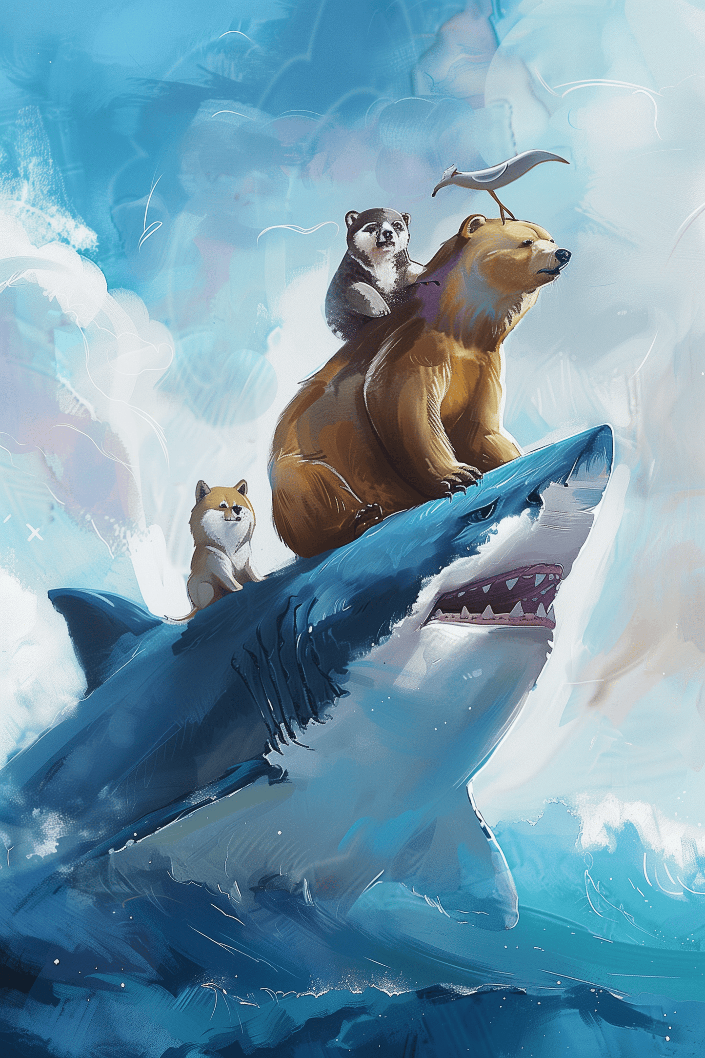 Painting of two bears, shiba inu, and a seagull riding on top of a great white shark - Paw Prints