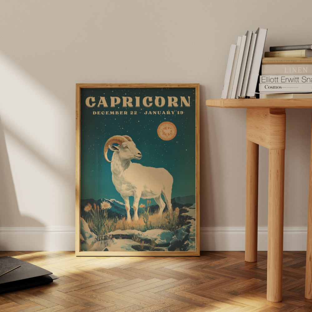 "Capricorn", a vintage astrology poster, featuring a white horned goat underneath the night skies with bright stars