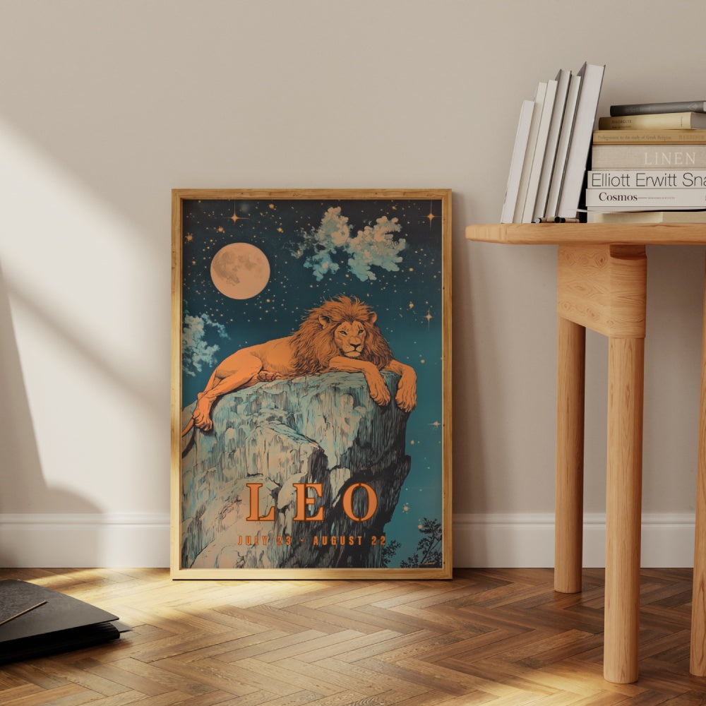 "Leo", a vintage astrology poster, featuring a lion resting calmly on a rock under the midnight moon