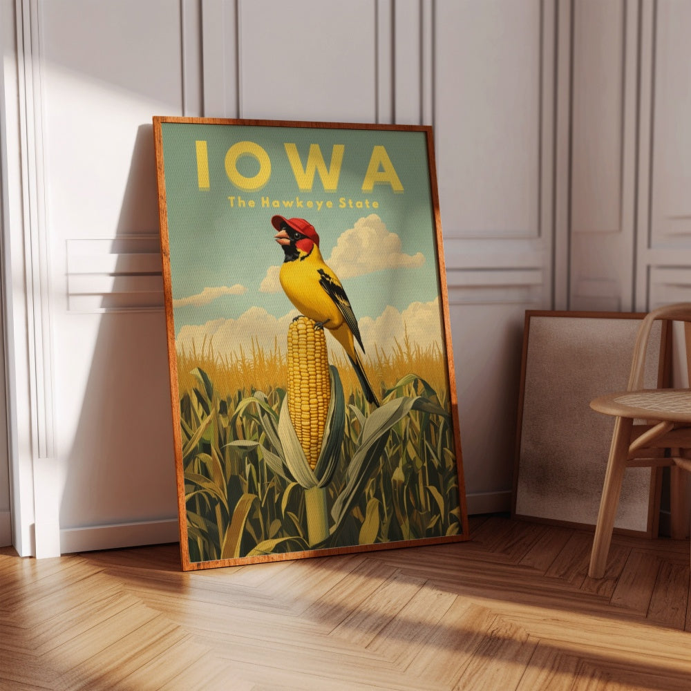 "Iowa", a vintage travel poster, featuring an American goldfinch standing on a ripe corn on a farm field, wearing a farmer's hat