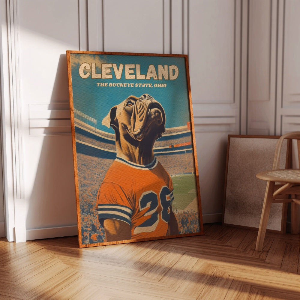 A vintage travel poster of a bull mastiff dog wearing a football jersey