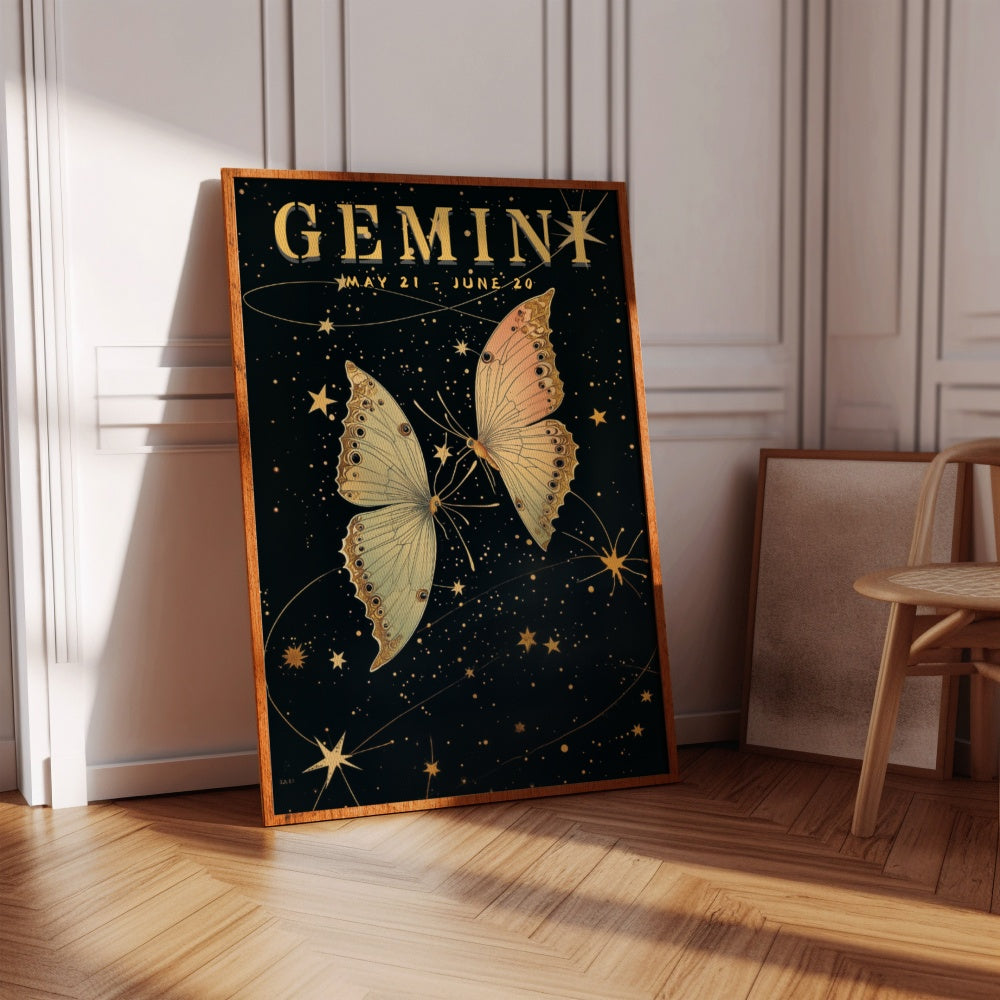 "Gemini", a vintage astrology poster, featuring twin butterflies flying in the night skies, bright stars