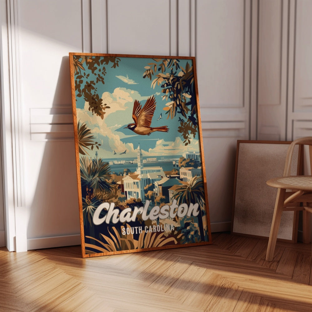 "Charleston", a vintage travel poster, featuring a Carolina wren flying over Charleston in South Carolina