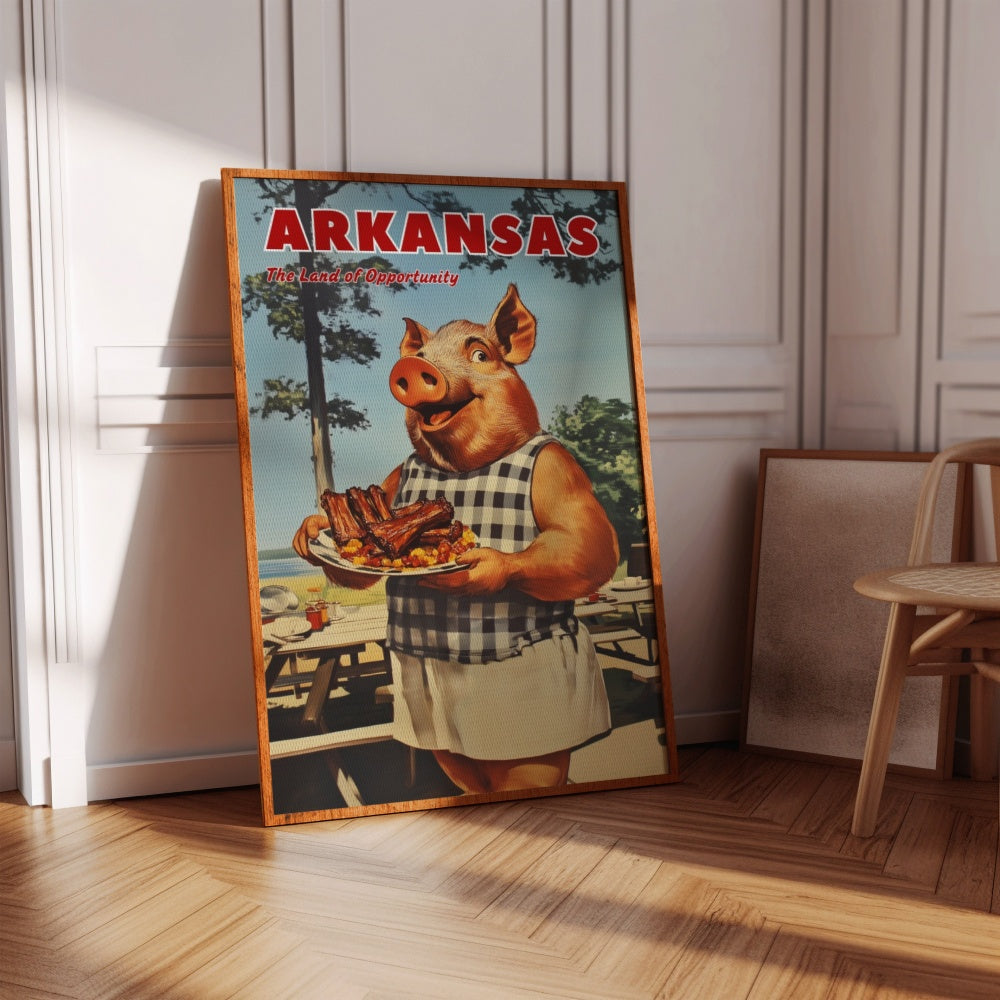 "Arkansas", a vintage travel poster, featuring a wild hog holding a plate of southern bbq ribs