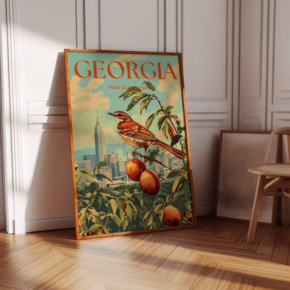 "Georgia", a vintage travel poster, featuring a Brown thrasher perched on a peach tree in Atlanta.