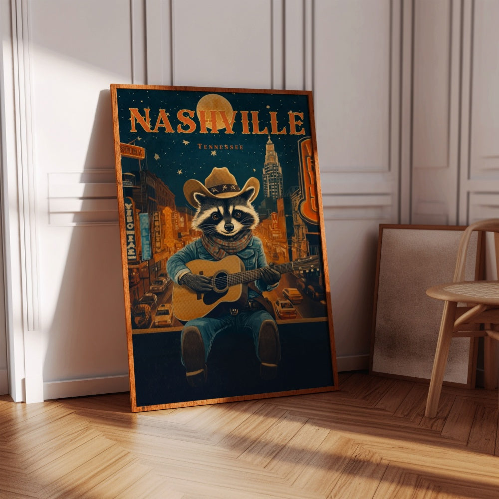 vintage travel poster, featuring a cowboy raccoon playing guitar at downtown Nashville, Tennessee, at the nightlife