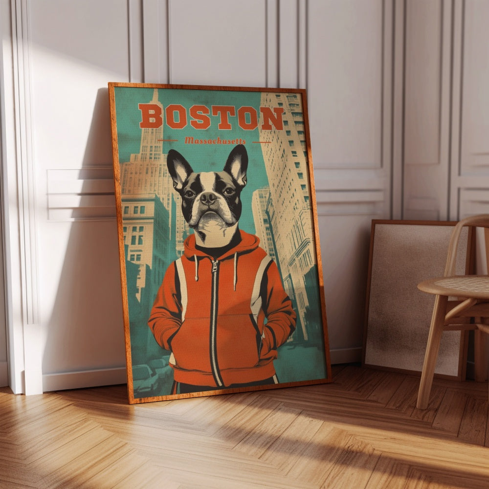 A vintage travel poster of Boston, featuring a Boston Terrier dressed in a retro tracksuit in downtown Boston