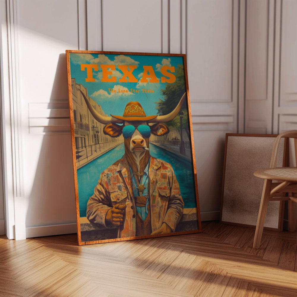 A vintage travel poster of Texas, the Lone Star State, featuring a Longhorn bull wearing a cowboy outfit with a cowboy hat and sunglasses. At the San Antonio River Walk.