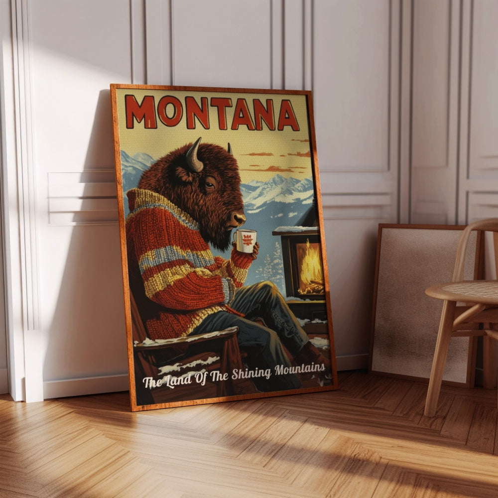 "Montana", a vintage travel poster, featuring a bison drinking coffee in the winters of the Montana mountains