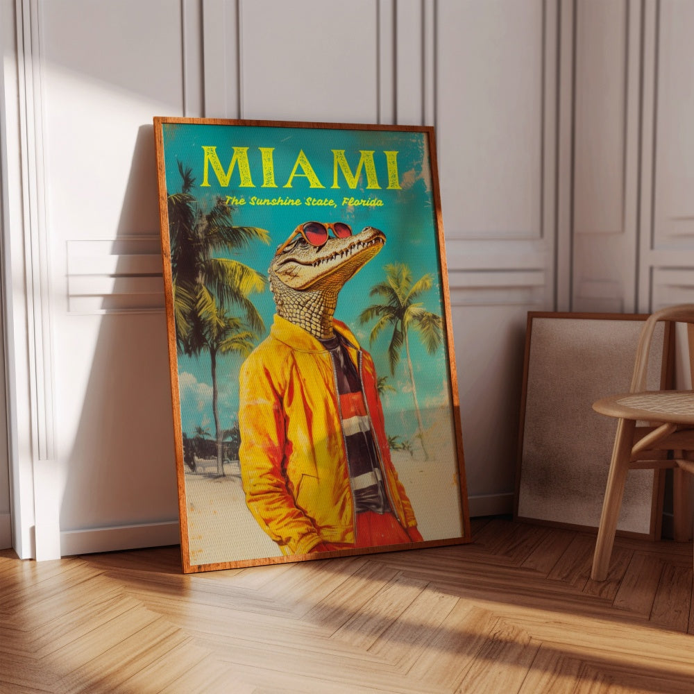 Vintage Travel poster of Miami Florida, featuring a crocodile wearing a tracksuit on Miami Beach. 