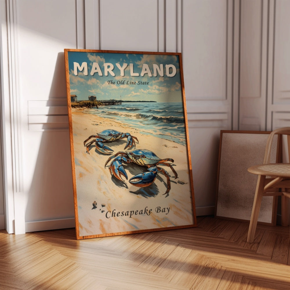 Vintage travel poster of Maryland, featuring 2 Maryland blue shell crabs on the beach of Chesapeake Bay