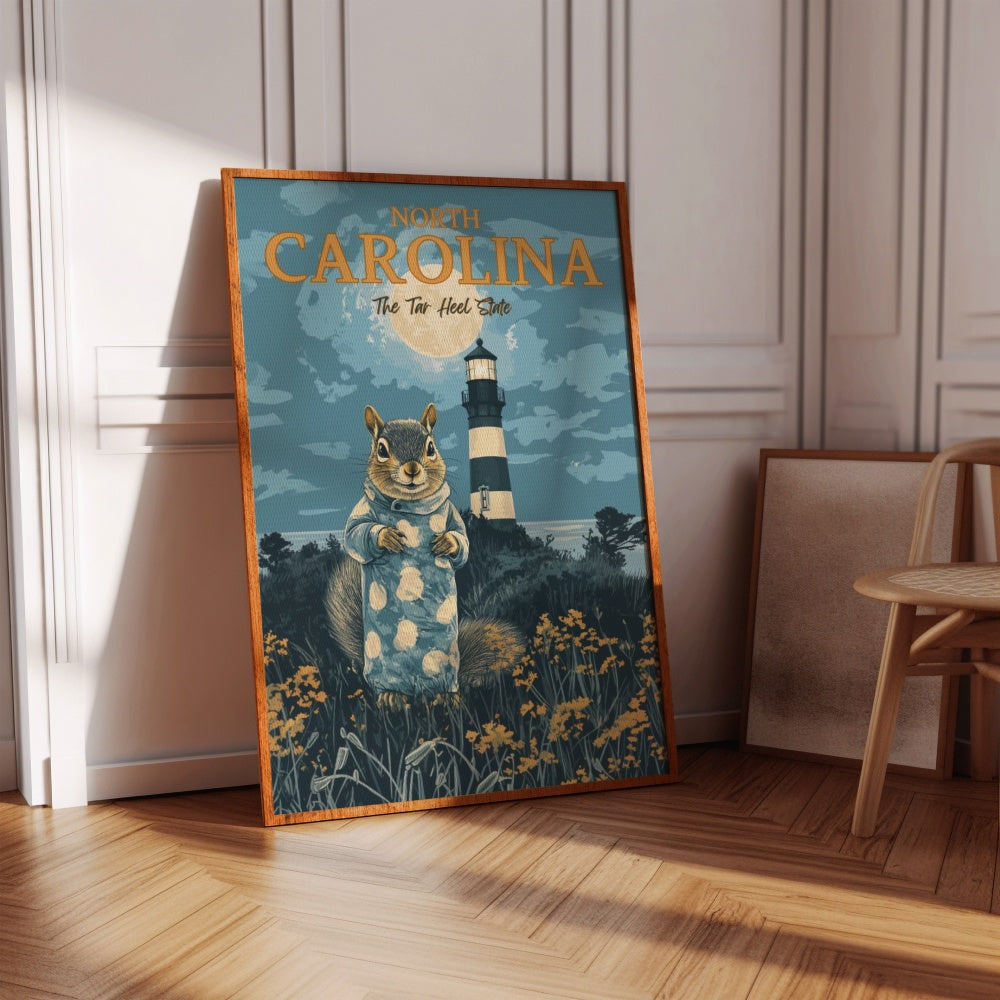 A vintage travel poster of North Carolina, featuring a squirrel wearing a onesie by a lighthouse