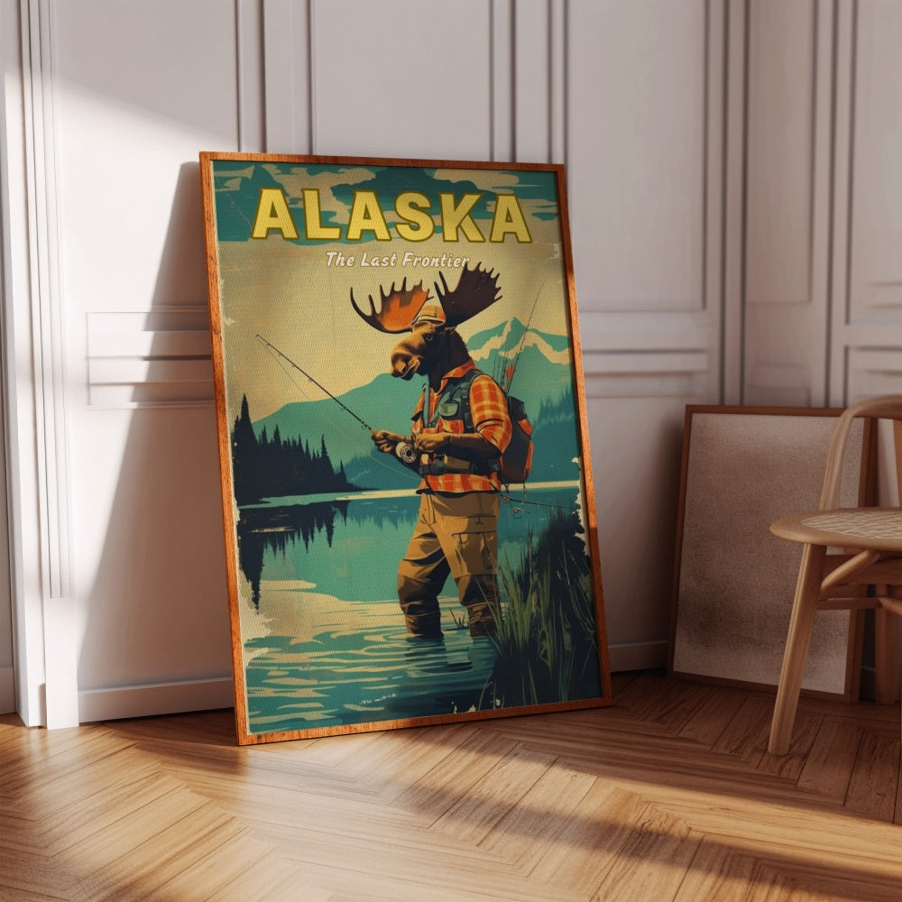 "Alaska", a vintage travel poster, featuring a Moose wearing fishing gear and hip waders, fly fishing at an Alaskan river 