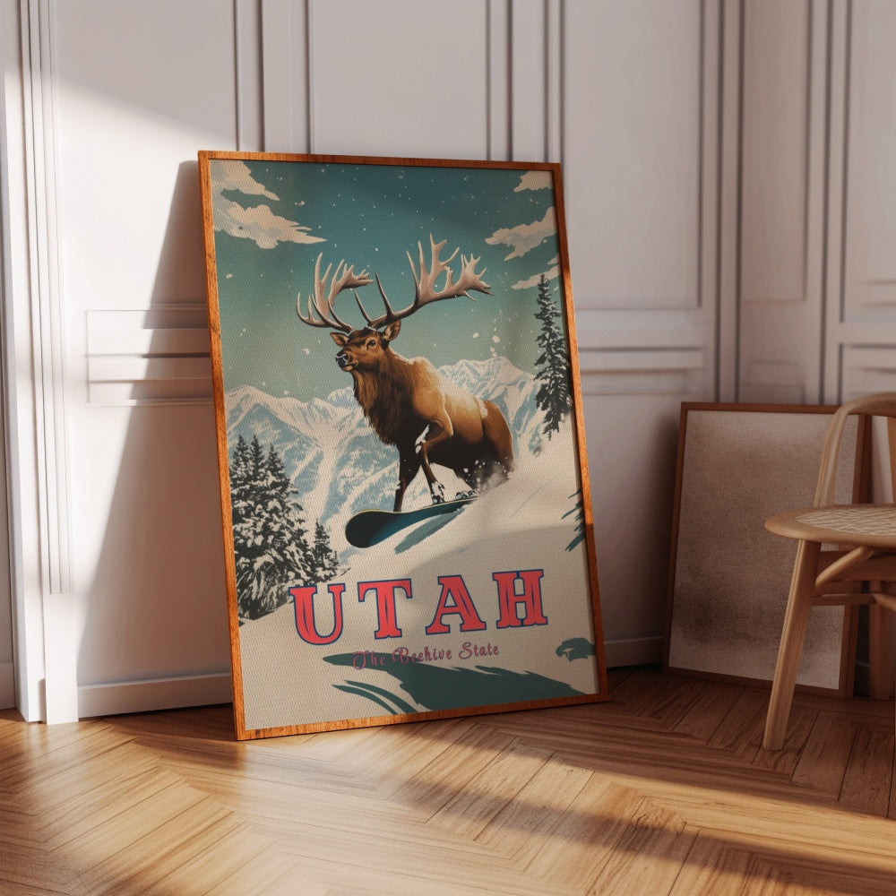 "Utah", a vintage travel poster, featuring a Rocky Mountain Elk snowboarding in the Utah mountains