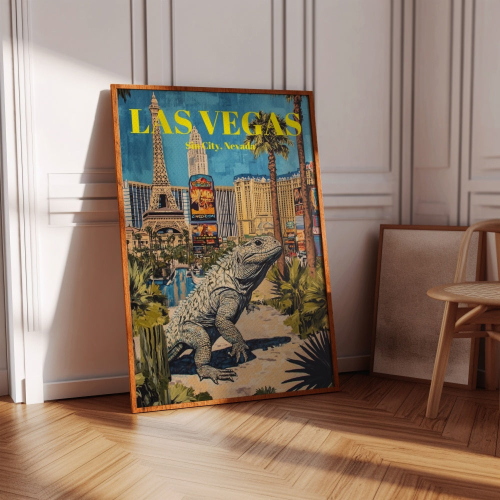 A vintage Las Vegas framed travel poster with a giant lizard in the middle of the Las Vegas Strip. 