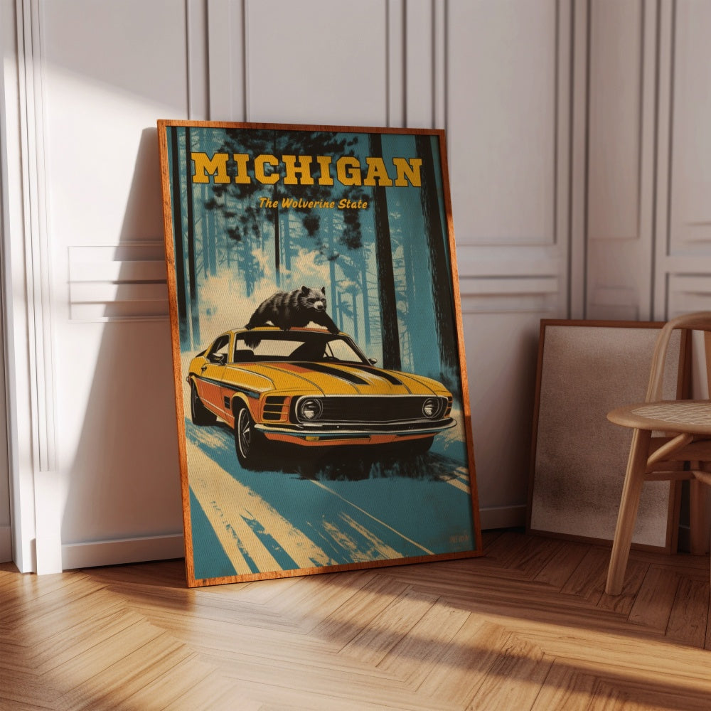 A vintage travel poster of Michigan, featuring a Wolverine on-top of a classic muscle car in the forest of Michigan