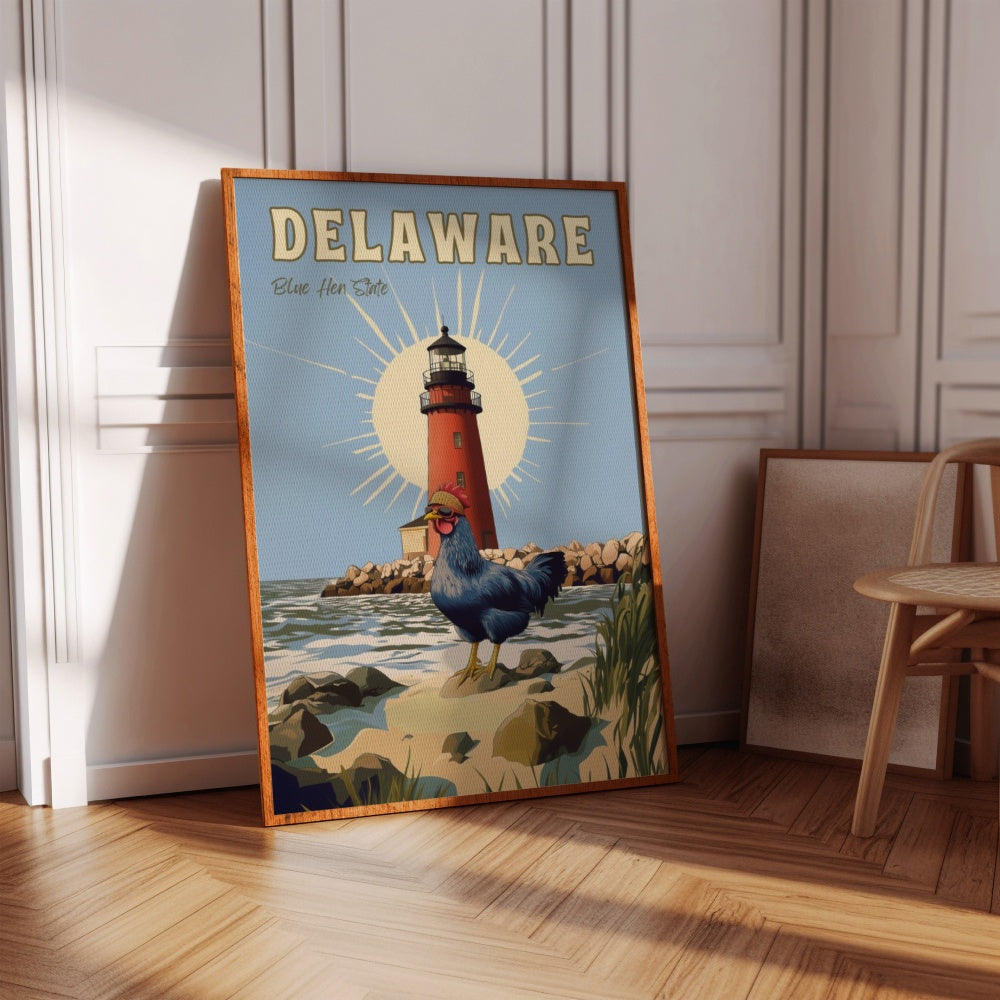 "Delaware", a vintage travel poster, featuring a blue hen chicken wearing shades and a bandana in front of the Delaware Breakwater lighthouse