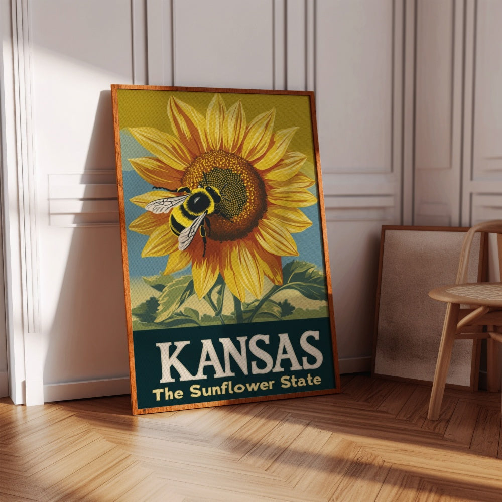 "Kansas", a vintage travel poster, featuring a honeybee ontop of a sunflower in the state of Kansas