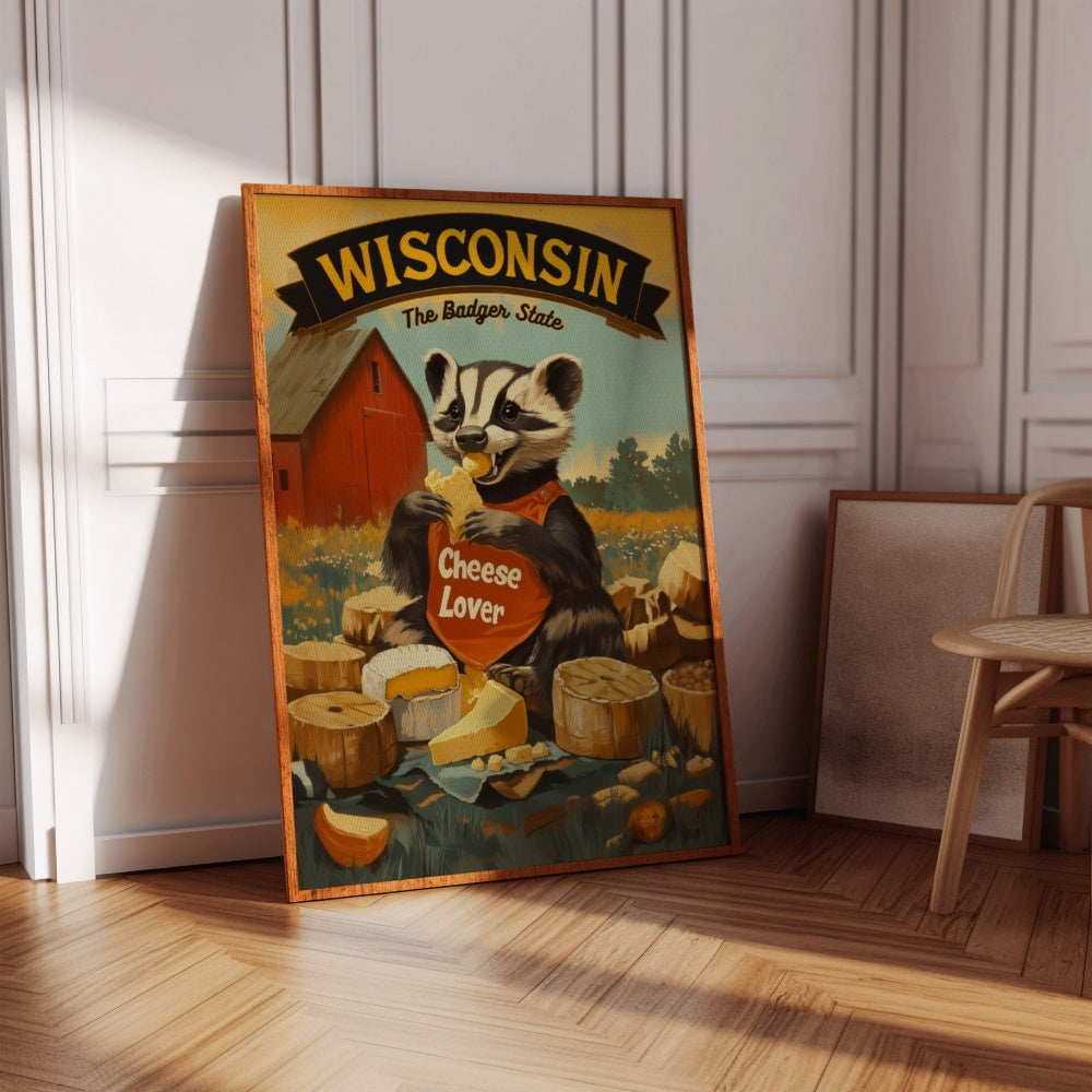 "Wisconsin", a vintage travel poster, featuring an American badger eating cheese in front of a red barn.