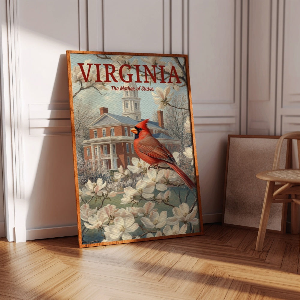 a vintage travel poster, featuring a Virginia Northern Cardinal perched on a tree of dogwood and magnolia flowers