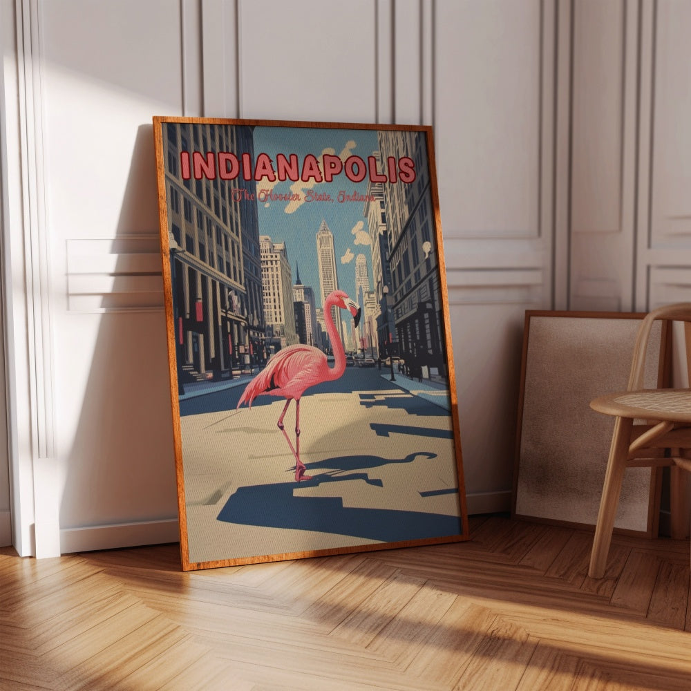 "Indianapolis", a vintage travel poster, featuring a pink flamingo walking in the streets of Indianapolis, Indiana.