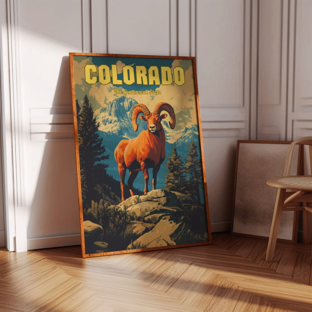 A vintage travel poster of Colorado, featuring a Rocky Mountain Bighorn Sheep on the rocky mountains of Colorado