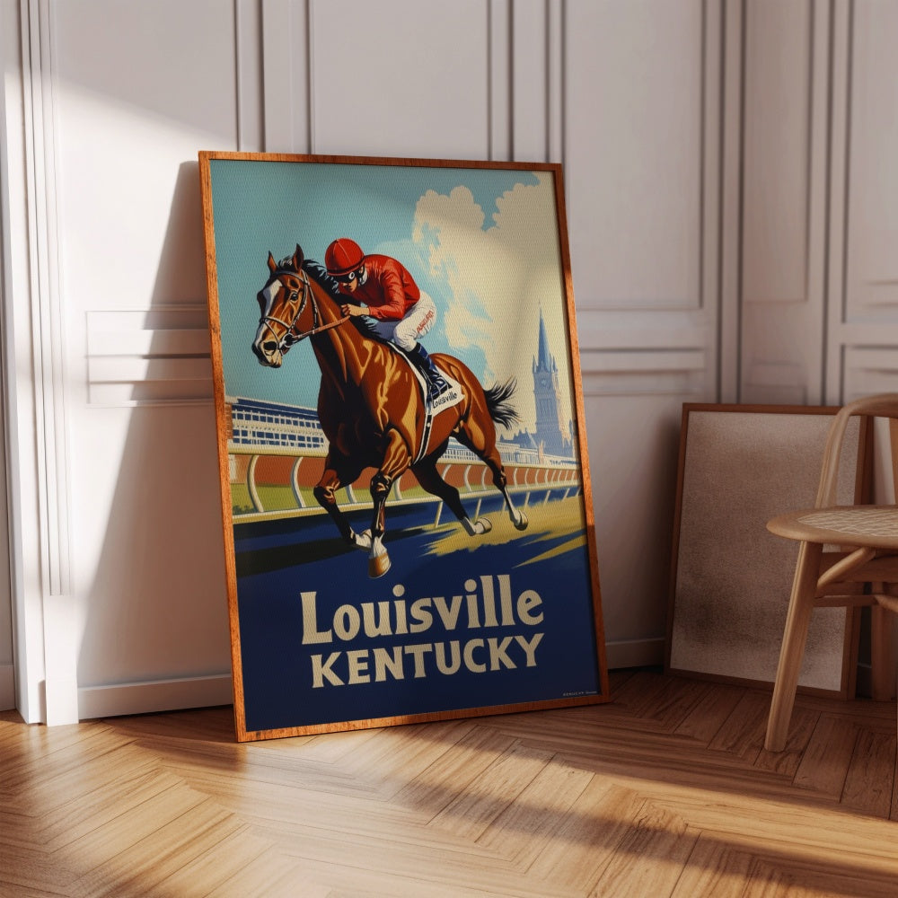 "Louisville, Kentucky", a vintage travel poster, featuring a horse derby in Louisville