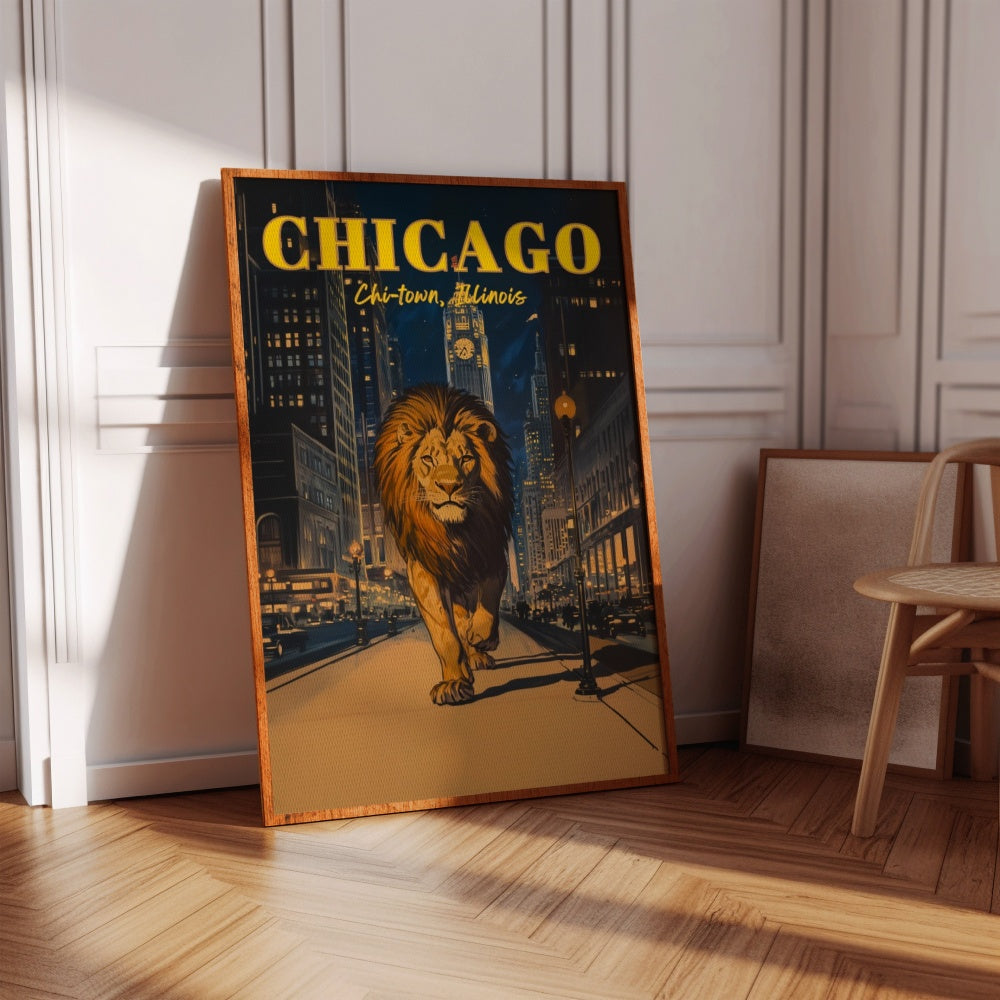 A vintage travel poster of a lion walking in the night streets of Chicago